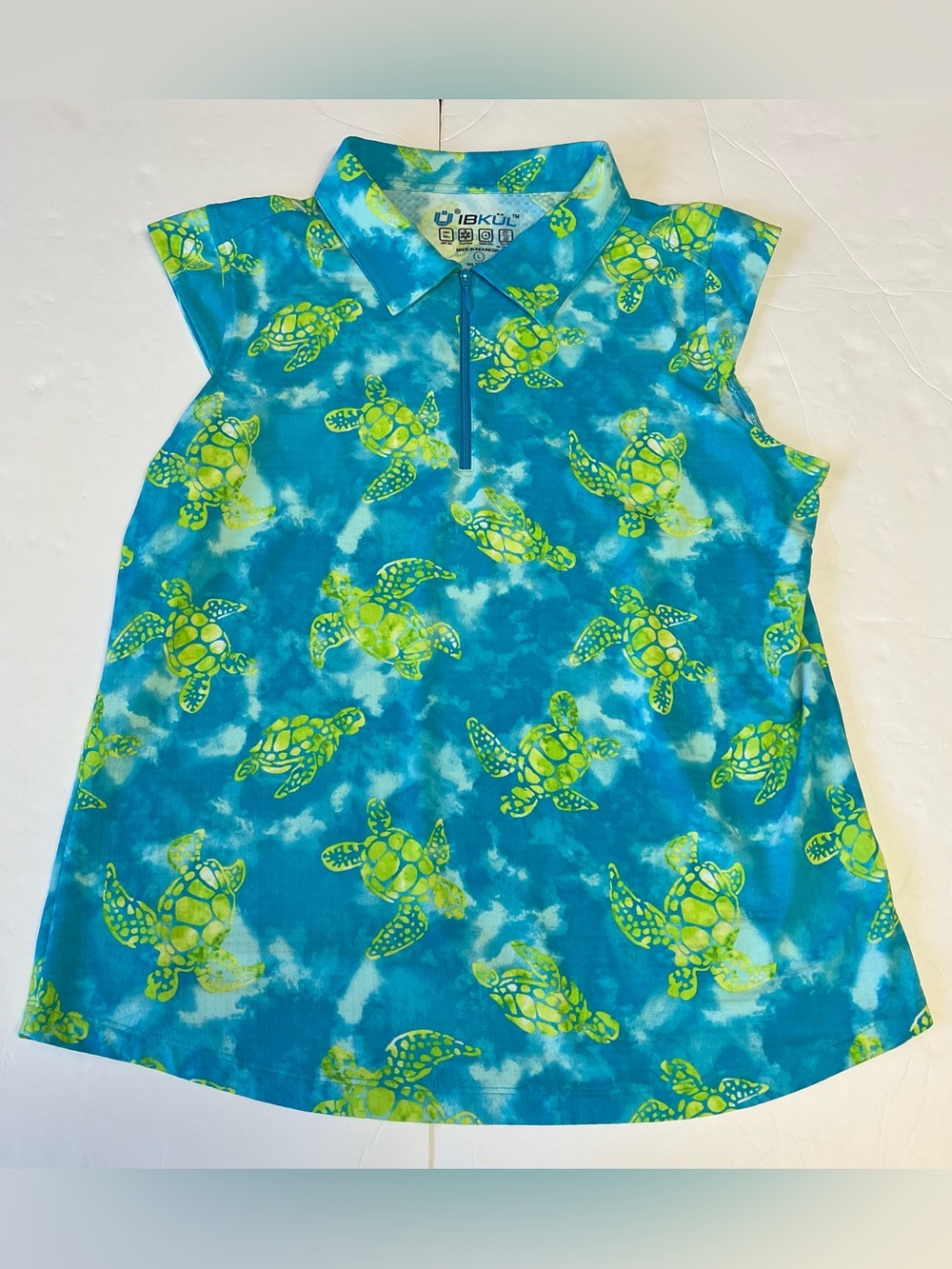 Ibkul UPF 50+ Women’s Turquoise Sleeveless Turtles Golf Shirt 1/4 Zip Large